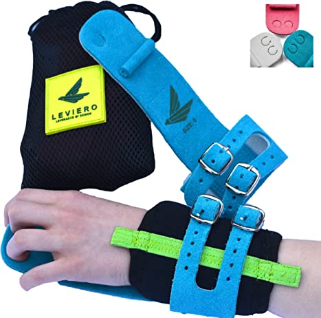 LEVIERO Buckle Gymnastics Grips - Soft Leather Dowel Hand Grips with Double Buckle Wrist Closure and Adjustable Finger Holes, for All Ages